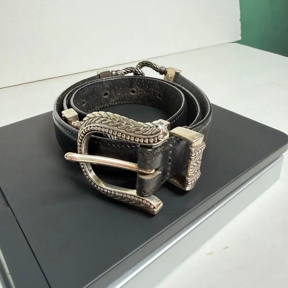 Vintage Talbots Black Leather Belt Silver Tone Knot Buckle Large 1996 Western